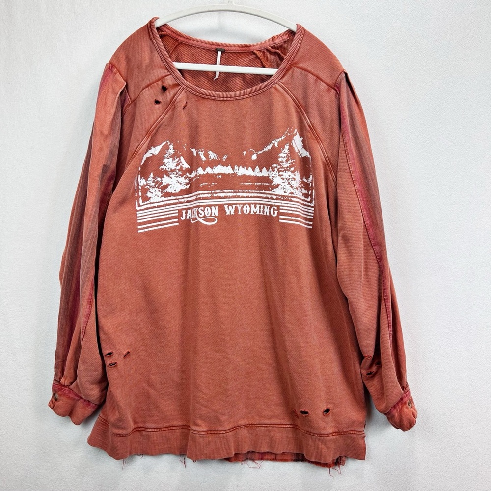 Free People Jackson Wyoming Sweatshirt Size M Oversized Flannel Back Rust/Orange - Picture 3 of 11
